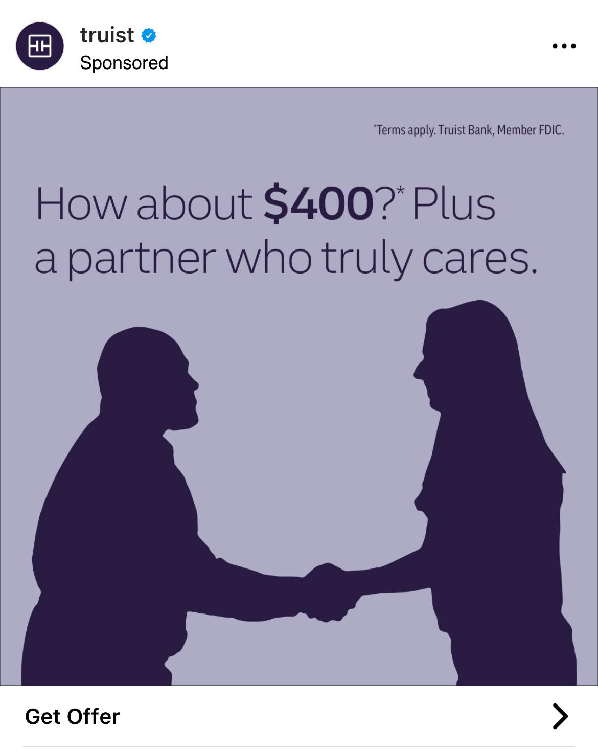 Two purple silhouettes on a light purple background, one with long hair one one that appears to be bald, shaking hands. The caption reads "How about $400?* Plus a partner who truly cares."
